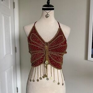 Y2K vintage Red & gold butterfly beaded top with coin details